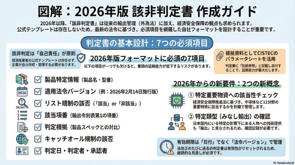 図解『該非判定書2026年版の書き方は？最新フォーマットと特定重要物資への対応実務マニュアル』