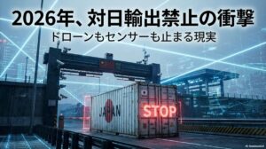 中国税関で止められる日本向け貨物と警告サイン。この記事のテーマである「軍民両用品輸出規制」による対日輸出禁止の衝撃を象徴する一枚。