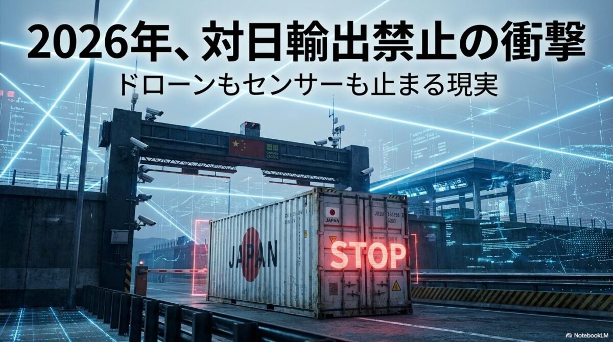 中国税関で止められる日本向け貨物と警告サイン。この記事のテーマである「軍民両用品輸出規制」による対日輸出禁止の衝撃を象徴する一枚。