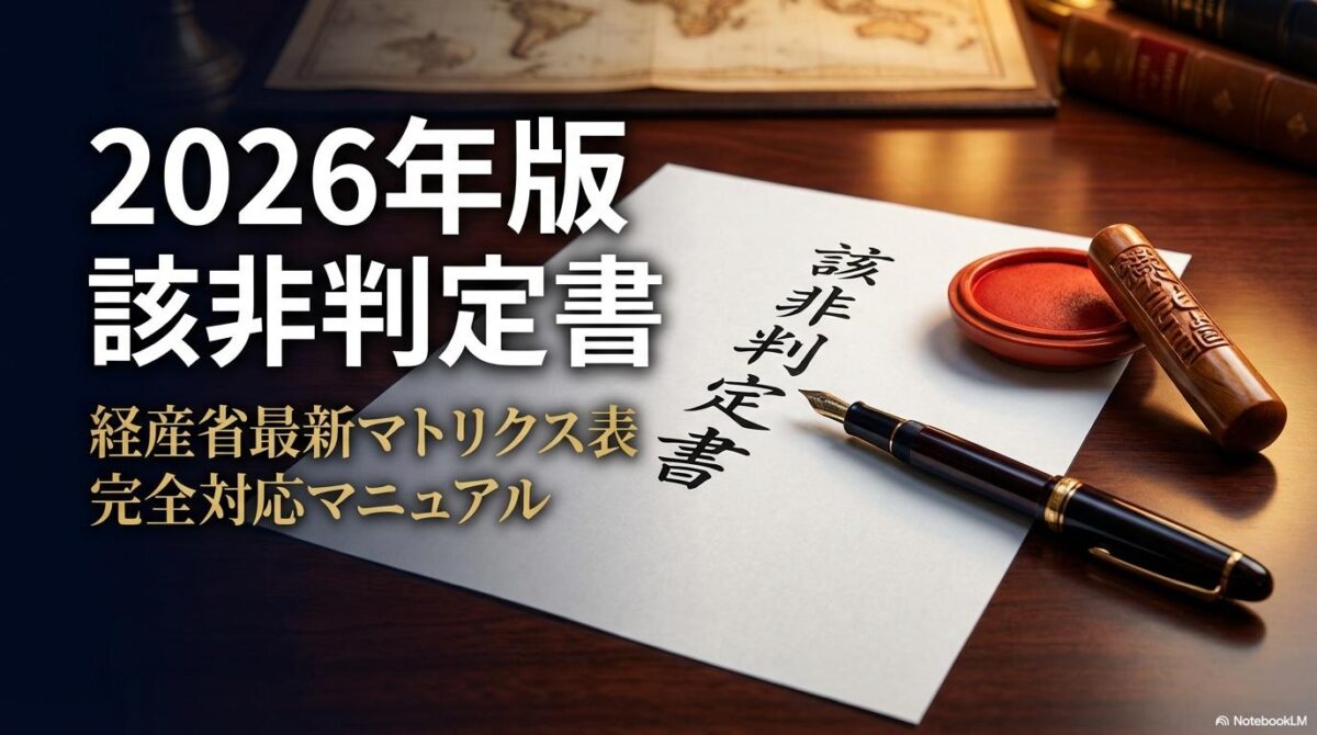 万年筆と印鑑が置かれた該非判定書のクローズアップ。この記事のテーマである「該非判定書 2026年」版の正しい書き方と実務の正確性を象徴する一枚。