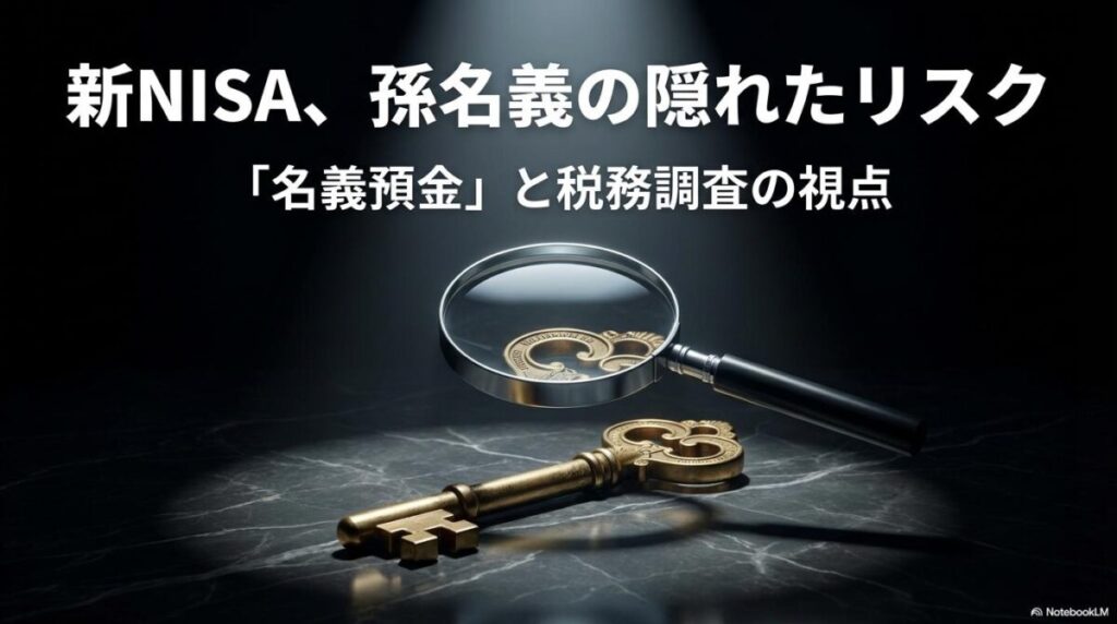 黄金の鍵とルーペを描いた3D画像。この記事のテーマである「新nisa 孫名義」運用における名義預金リスクと税務調査の視点を象徴する一枚。