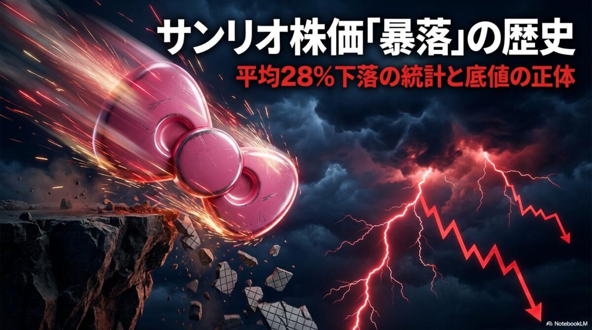 崖から落下する巨大なリボンと崩れるチャート。この記事のテーマである「サンリオ 株価 暴落」の衝撃と、その歴史的背景を象徴する一枚。