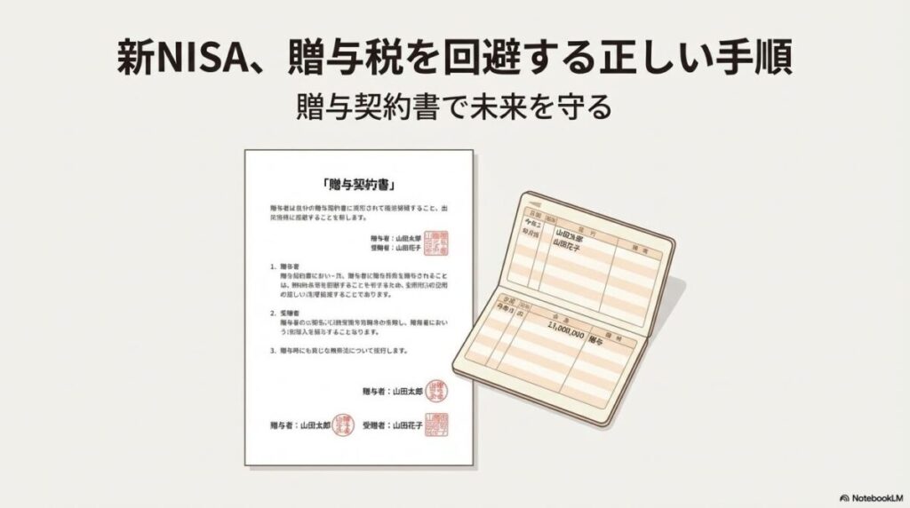 贈与契約書と通帳を並べたクリーンなイラスト。この記事のテーマである「新nisa 贈与税」対策としての正しい契約実務を象徴する一枚。