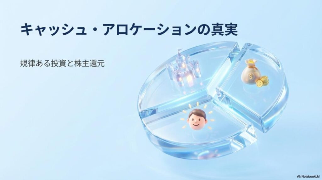 資金配分を示す円グラフのインフォグラフィック画像。この記事のテーマである「オリエンタルランド 吉田 社長」が主導する財務戦略を象徴する一枚。