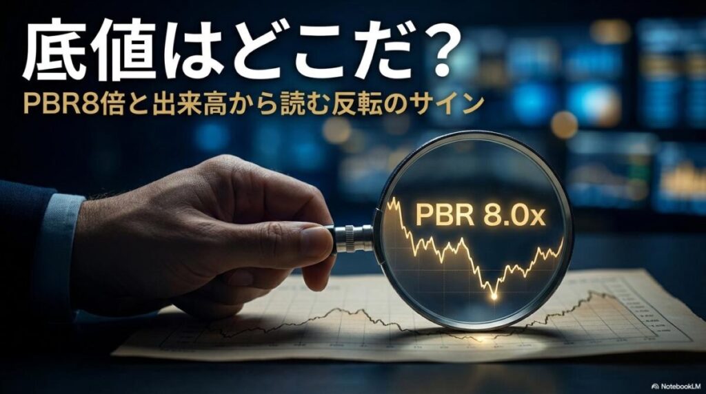暗闇でチャートの底値を照らす虫眼鏡。この記事のテーマである「サンリオ 株価 暴落」の底値を見極めるための独自の指標(PBR等)を表現した一枚。
