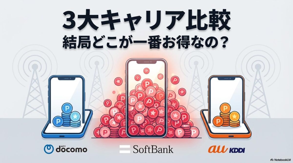 3大キャリアのスマートフォンを並べ、ソフトバンクの優待の多さを視覚化したフラットイラスト。この記事のテーマである「ソフトバンク 株主 優待 paypay」をNTT・KDDIと比較し、その優位性を検証することを象徴する一枚。