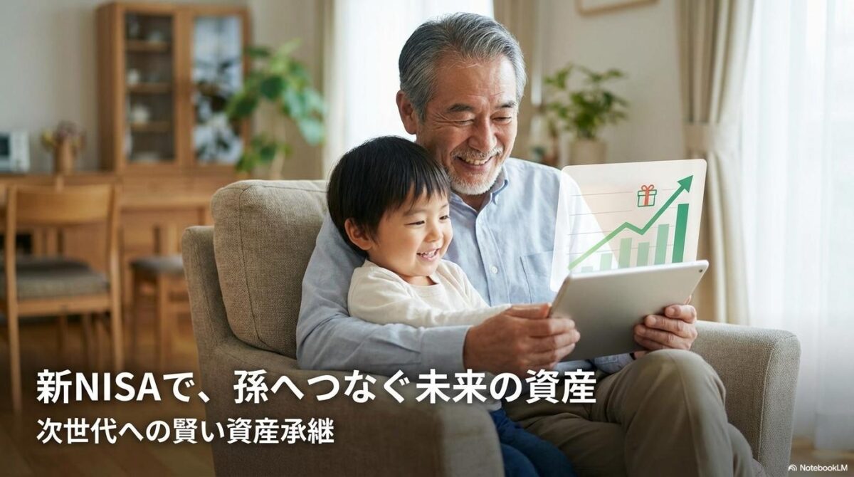 笑顔でタブレットを見る祖父と孫のフォトリアルな画像。この記事のテーマである「新nisa 孫名義」を活用した次世代への資産承継を象徴する一枚。