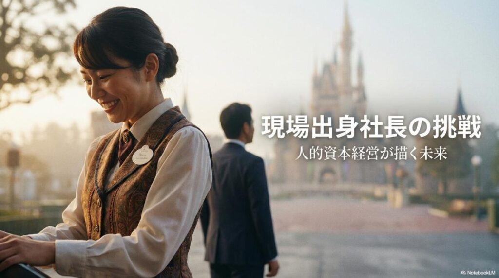 キャストと経営者のシルエットが描かれた実写風画像。この記事のテーマである「オリエンタルランド 吉田 社長」の現場重視の姿勢を象徴する一枚。