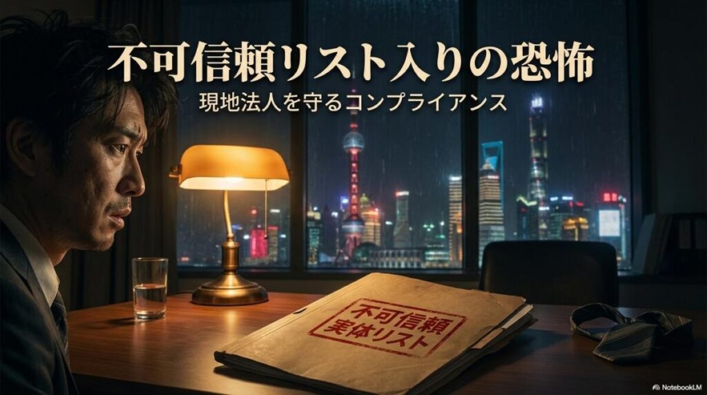 不可信頼実体リストの書類と不安な駐在員。この記事のテーマである「中国版ブラックリスト」のリスクと現地法人の危機管理を象徴する一枚。