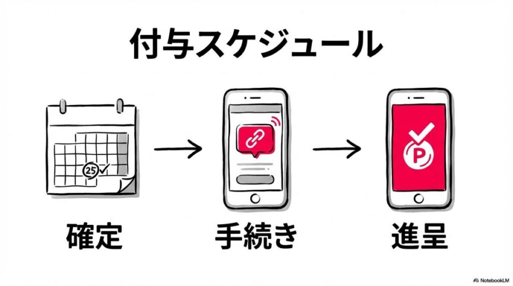 PayPay付与スケジュールの図解。権利確定から案内到着、付与までの流れを、3ステップ図で表現した画像。