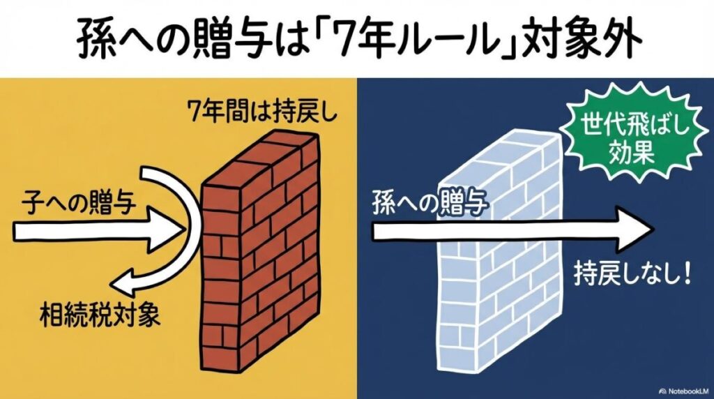 生前贈与加算(7年ルール)の適用比較図。子が対象であるのに対し、孫への贈与は原則対象外(持ち戻しなし)であることを示す比較図。