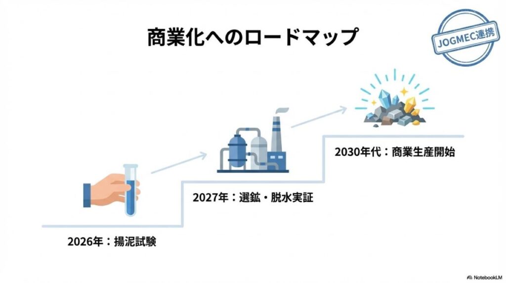 南鳥島レアアースプロジェクトの商業化ロードマップ。2026年の試験から2030年代の商業生産までの3つのステップを示した図。