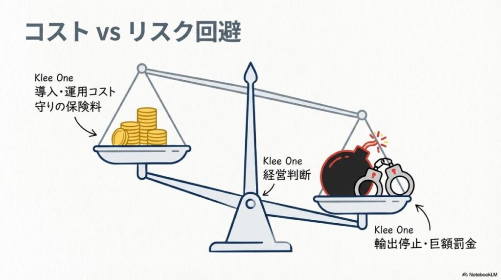 輸出管理コストと法令違反リスクの比較図。CISTEC導入費用は、巨大な制裁リスクを回避するための保険料であることを示す天秤の図解。