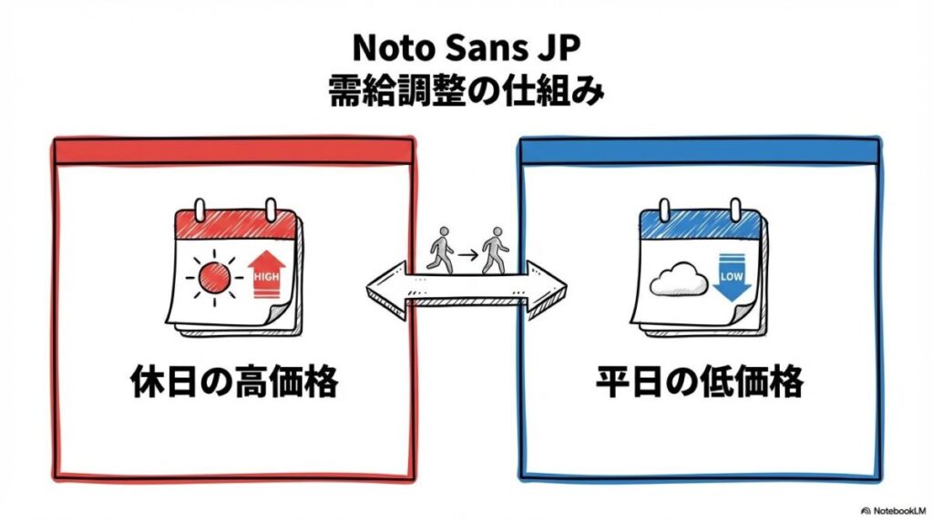 [変動価格制]の図解。休日と平日の価格差による混雑平準化を、カード型で表現した画像。
