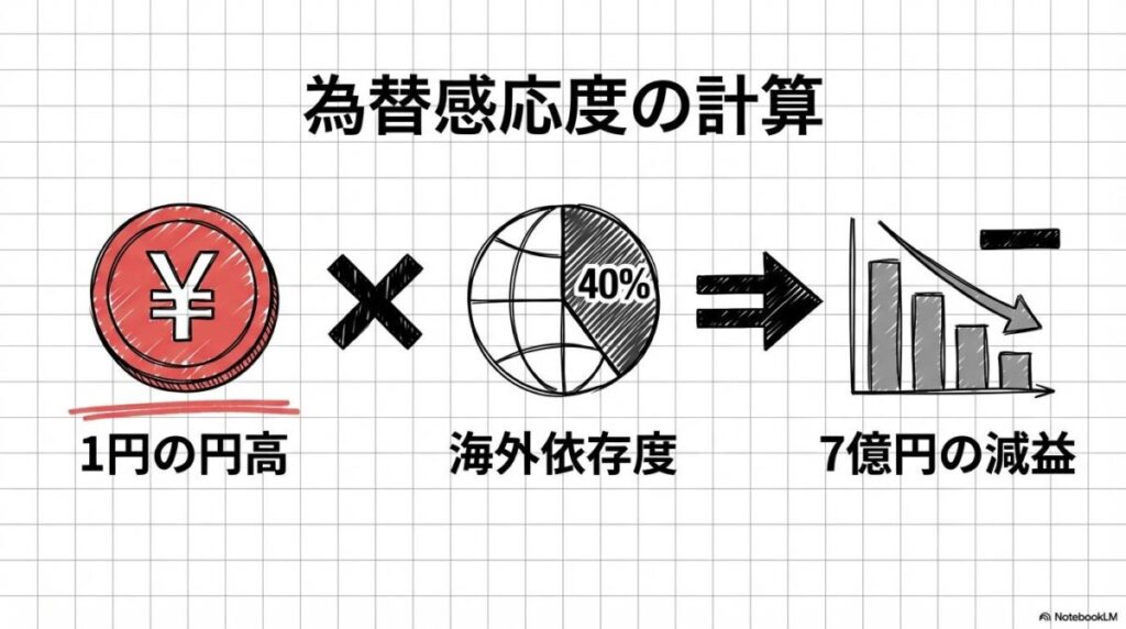 サンリオの為替感応度の図解。円高が利益を押し下げる数式を数式図で表現した画像。