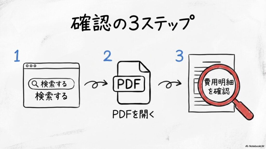運用報告書で実質コストを確認する手順の図解。検索から確認までの流れを、3ステップ図で表現した画像。