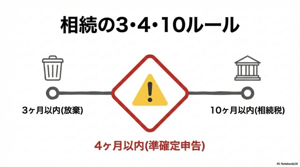 相続手続きの期限を示すタイムライン図。相続放棄は3ヶ月、準確定申告は4ヶ月、相続税申告は10ヶ月以内であることを視覚化した画像。