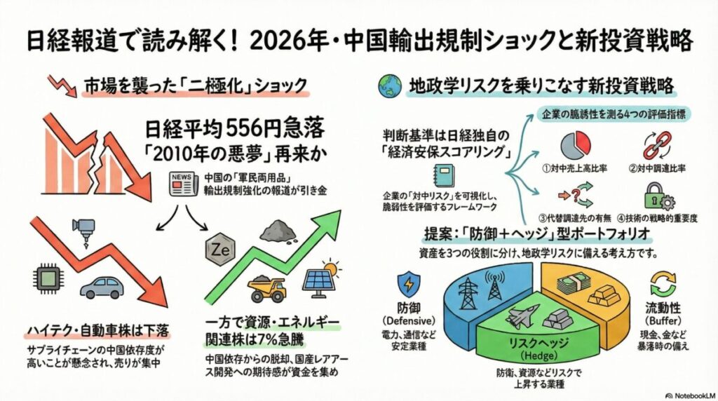 図解『日経報道は中国輸出規制をどう報じた？2026年市場の反応と関連銘柄分』
