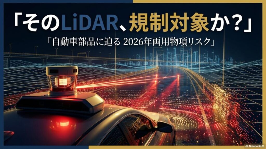 光り輝くLiDARユニットとデジタル点群の3Dグラフィック。この記事のテーマである「両用物項 自動車」におけるLiDARの輸出規制リスクを象徴する一枚。