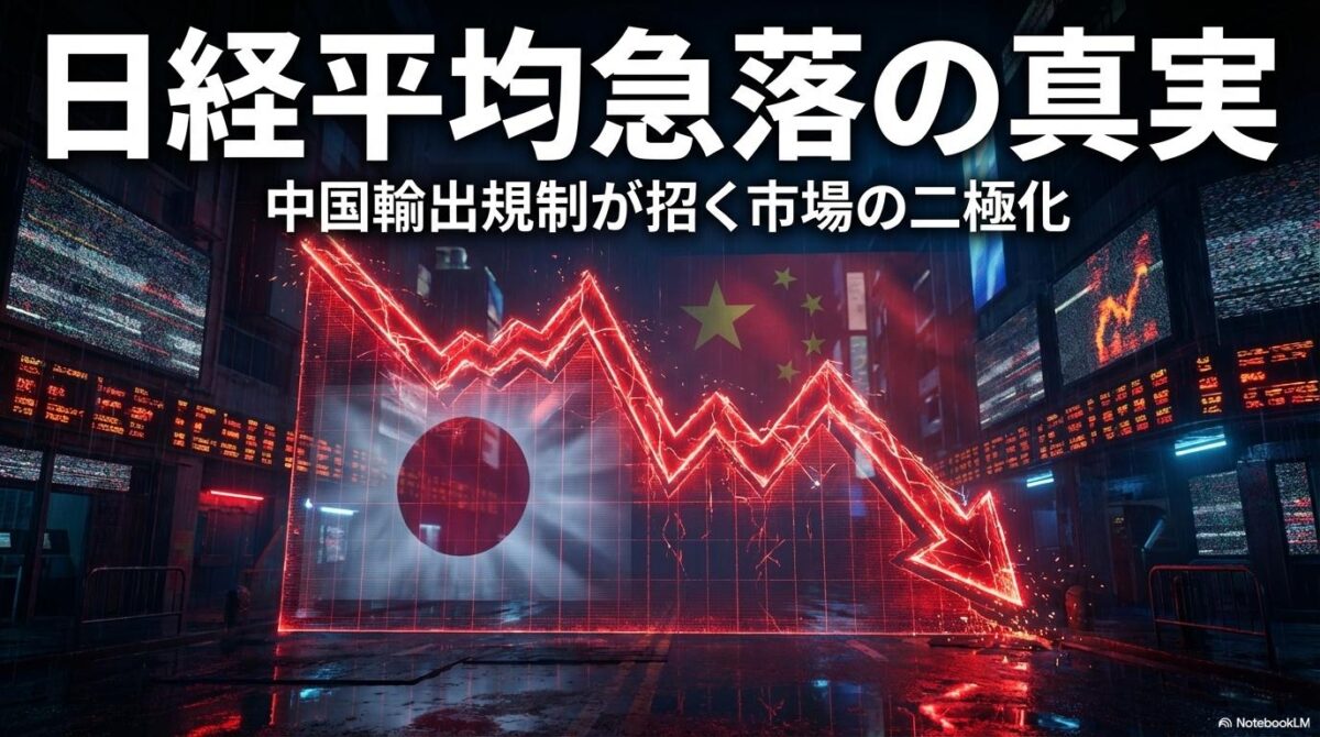 急落する赤い株価グラフと、背後に重なる中国・日本の国旗。この記事のテーマである「日経報道から読み解く中国輸出規制の市場反応」を象徴する一枚。
