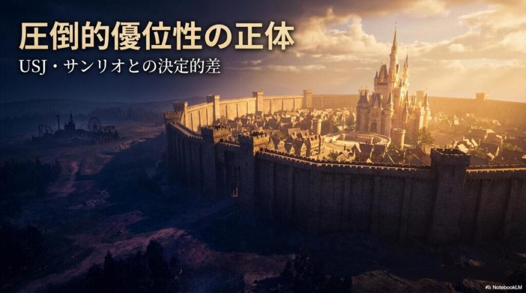 巨大な城壁に守られたシンデレラ城の3D画像。この記事のテーマである「オリエンタルランド ライバル 企業」との間に存在する経済的な堀を象徴する一枚。