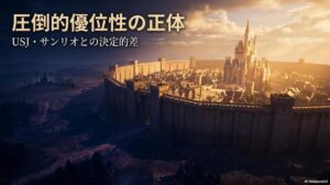 巨大な城壁に守られたシンデレラ城の3D画像。この記事のテーマである「オリエンタルランド ライバル 企業」との間に存在する経済的な堀を象徴する一枚。