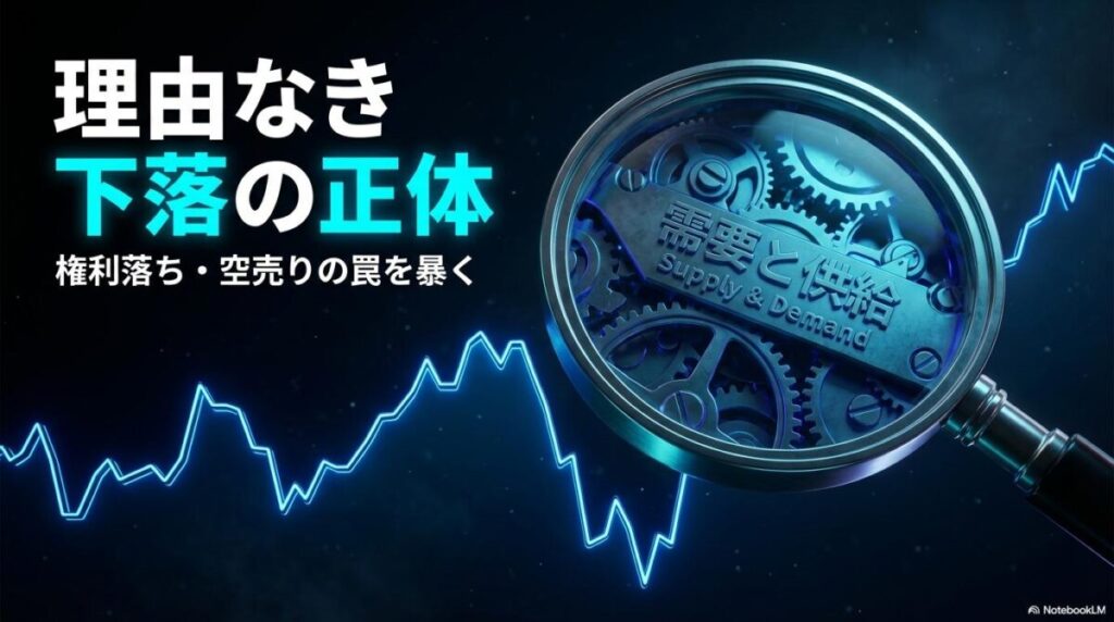 虫眼鏡で株価下落の原因である需給の歯車を拡大している様子。この記事のテーマである「サンリオ 株価 なぜ 下がる」の見えない要因を象徴する一枚。