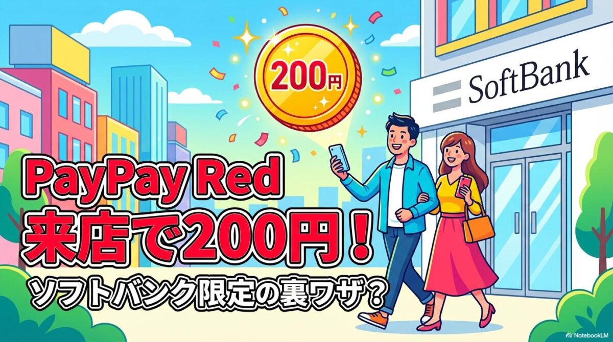 ソフトバンクショップに来店してPayPayポイントを受け取ろうとする男女を描いたポップなフラットイラスト。この記事のテーマである「ソフトバンク 来店 paypay 200 円」のお得感と手軽さを象徴する一枚。
