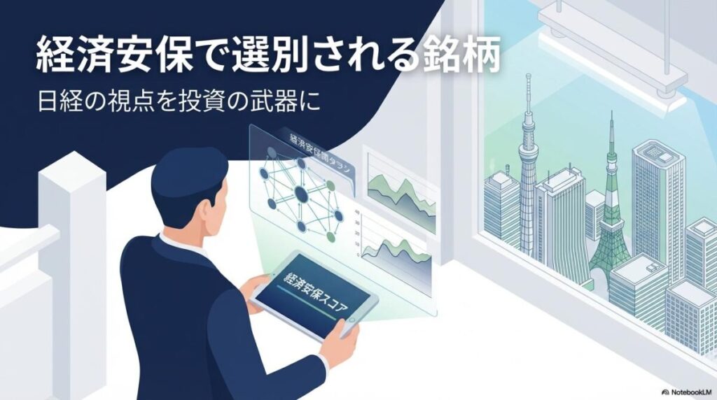 経済安保スコアを分析するビジネスパーソンのイラスト。この記事のテーマである「日経独自の経済安保スコアリングの活用法」を象徴する一枚。