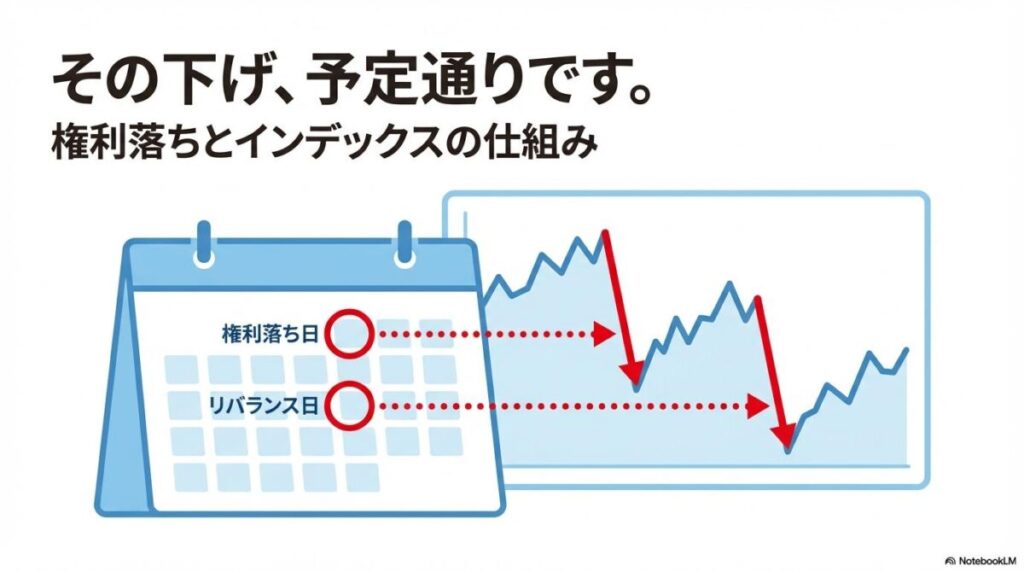 カレンダーの権利落ち日と株価下落の連動を示したイラスト。この記事のテーマである「サンリオ 株価 なぜ 下がる」の制度的な理由を視覚化した一枚。