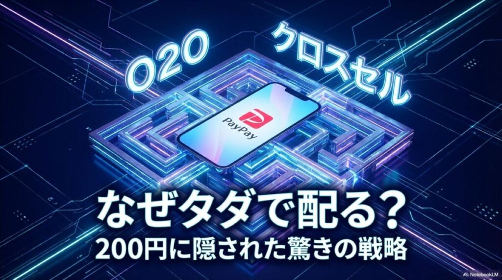 デジタル空間に浮かぶスマートフォンとビジネス用語を描いた高品質な3Dレンダリング画像。この記事のテーマである「ソフトバンク 来店 paypay 200 円」の裏側にある企業のマーケティング戦略（O2O）を象徴する一枚。