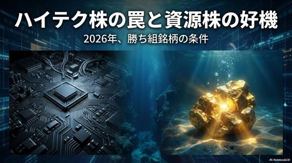 電子基板と光り輝くレアアース鉱石の対比。この記事のテーマである「中国規制によるハイテク株下落と資源株急騰の二極化」を象徴する一枚。
