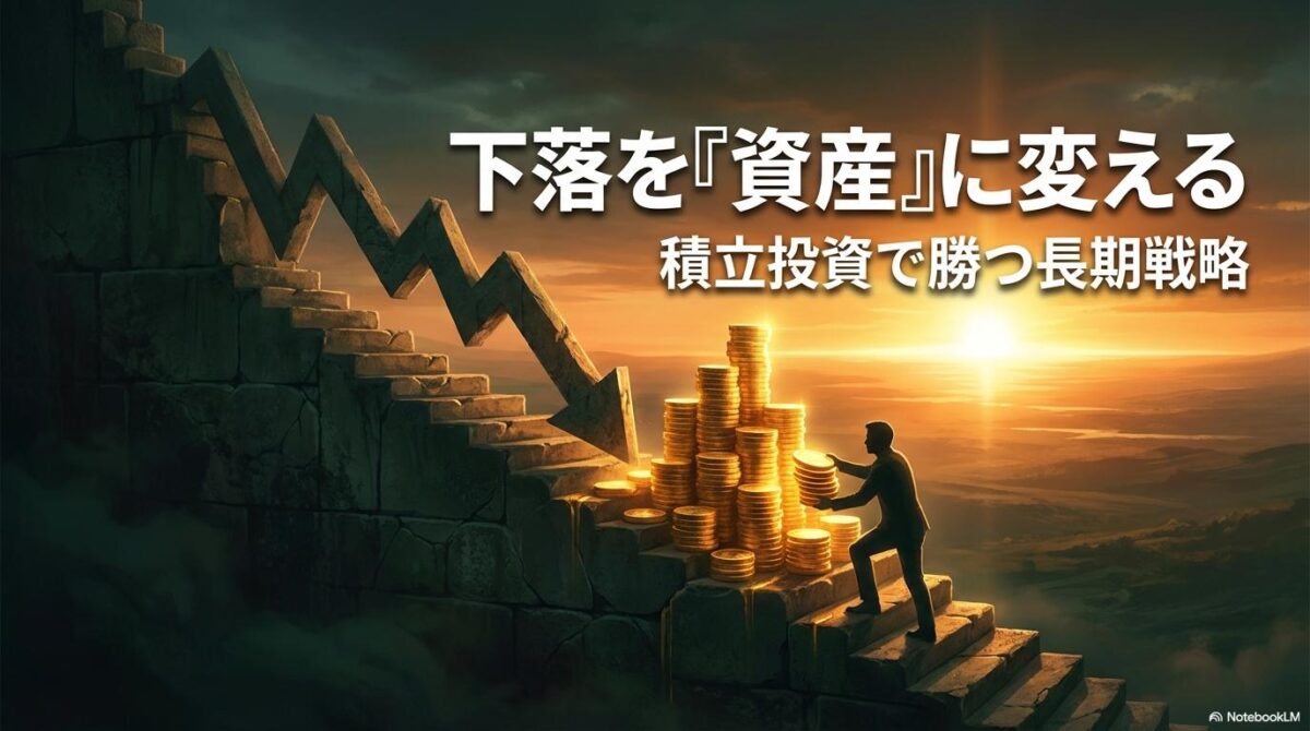 下落チャートを利用して資産を積み上げる投資家のシルエット。この記事のテーマである「サンリオ 株価 なぜ 下がる」を逆手に取った積立戦略を象徴する一枚。