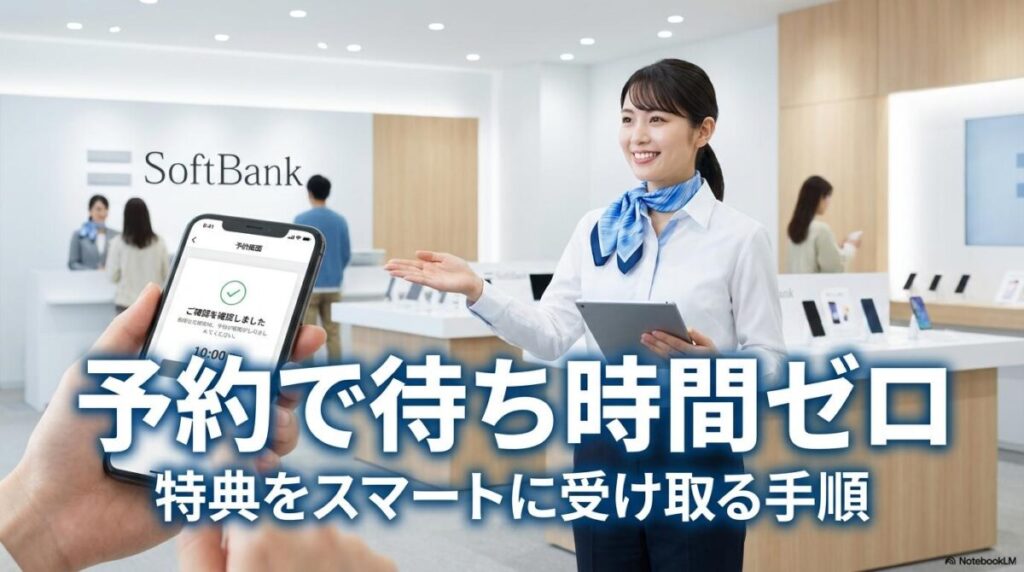 ソフトバンクショップのスタッフと予約画面を提示する顧客の手元を写したフォトリアルな実写画像。この記事のテーマである「ソフトバンク 来店 paypay 200 円」をスムーズに、ストレスなく受け取るための予約の重要性を象徴する一枚。