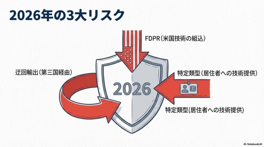 2026年の輸出管理における主要リスク（FDPR、迂回輸出、特定類型）の関係図。それぞれの規制がどのようなルートで企業に影響するかを示した図解。