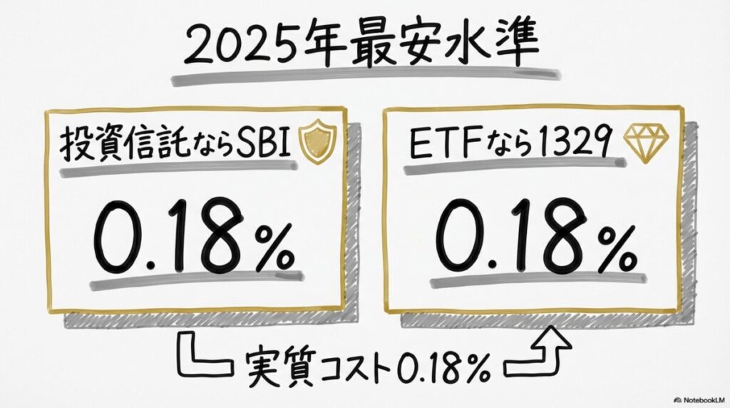 2025年最新の低コストな金投資商品の比較図解。投資信託とETFそれぞれの最安商品を、カード型で表現した画像。