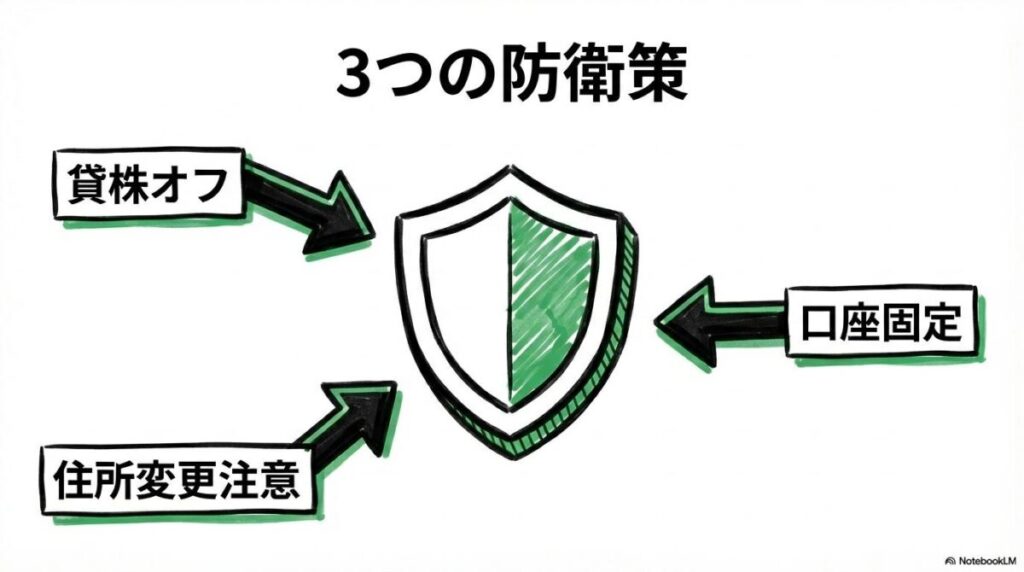 貸株リスクへの対策図解。継続保有を確実に守るためのポイントを、センター配置で表現した画像。
