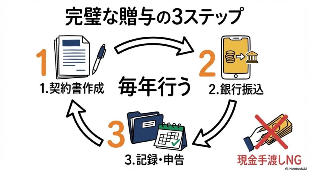 正しい暦年贈与の手順図解。贈与契約書の作成、銀行振込による証拠保全、記録・申告の3ステップフロー。