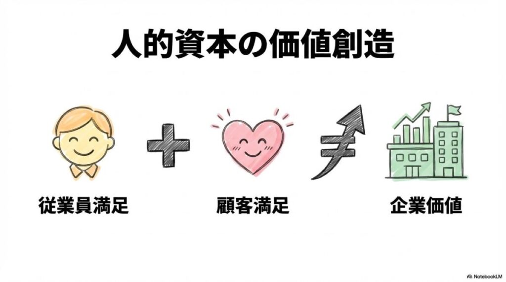 [人的資本経営]の図解。キャストの満足度が企業価値に変わるプロセスを、数式図で表現した画像。