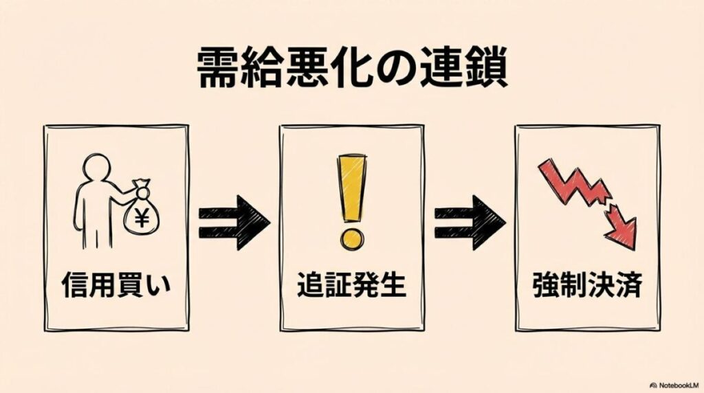 信用買い残による下落加速の図解。借金買いから強制決済までの負の連鎖を3ステップ図で表現した画像。