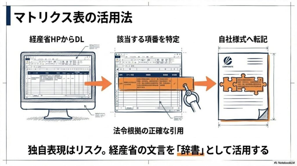 経済産業省のマトリクス表をダウンロードし、自社の該非判定書に法令根拠として転記・活用する手順の図解。