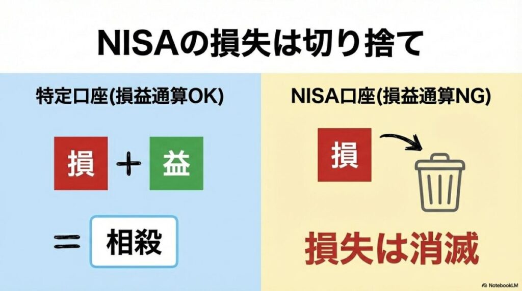 NISA口座の含み損切り捨てリスクの解説図。特定口座では可能な損益通算が、NISA口座では不可能であり損失が消滅してしまうことを対比させた画像。