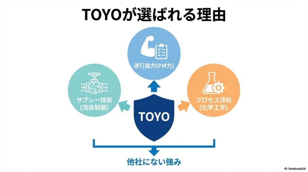 東洋エンジニアリングが選ばれる理由の相関図。流体制御、化学工学、PM力の3つの強みがプロジェクトを支えている構図。
