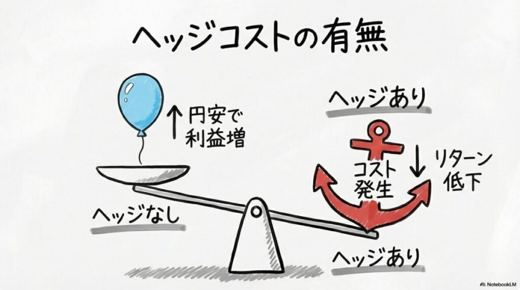 為替ヘッジのあり・なしの比較図解。ヘッジコストがリターンに与える影響を、VS図で表現した画像。