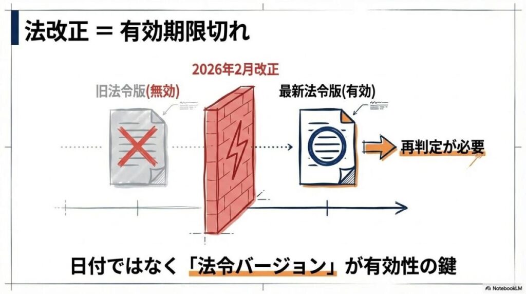 該非判定書の有効期限に関する図解。法改正のタイミングで旧版が無効になり、最新法令バージョンでの再判定が必要になることを示したタイムライン。