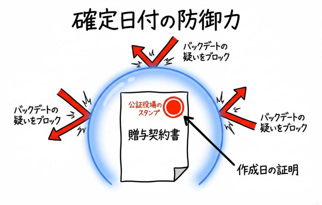 確定日付の効果を示す図解。公証役場のスタンプが契約書の作成時期を証明し、税務署の追及から守る盾となるイメージ。