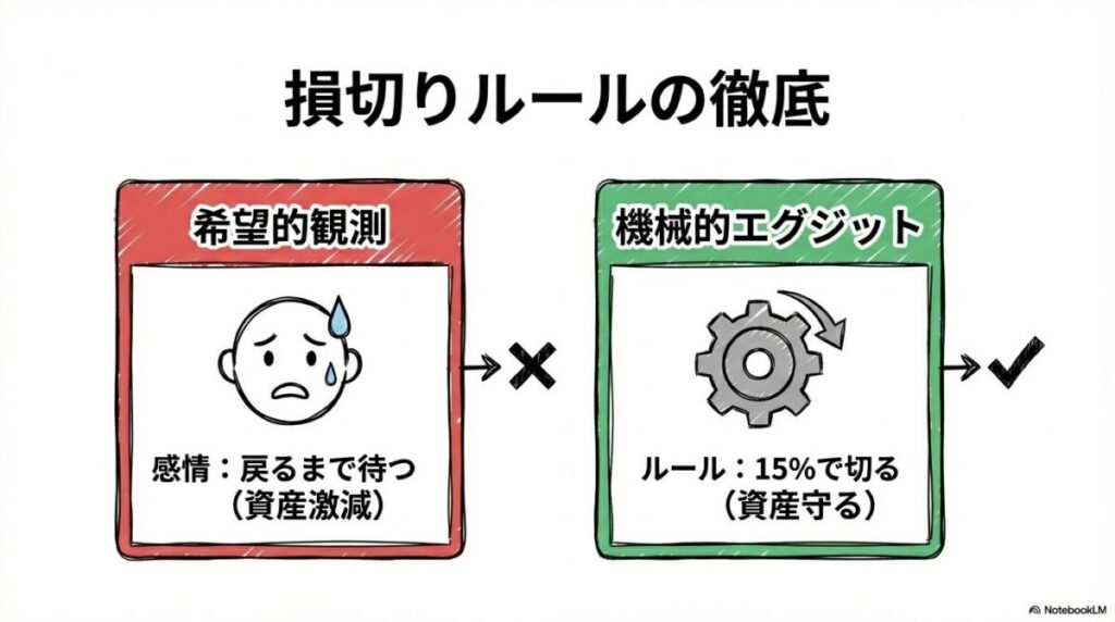 損切りルールの重要性の図解。感情的なホールドと機械的な損切りの違いをカード型で表現した画像