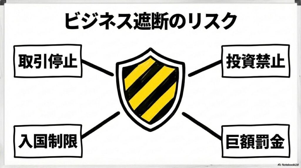 不可信頼実体リストに掲載された際の影響範囲。輸出入や投資、人の往来までが全面的に制限されるリスクをセンター配置で示した画像。
