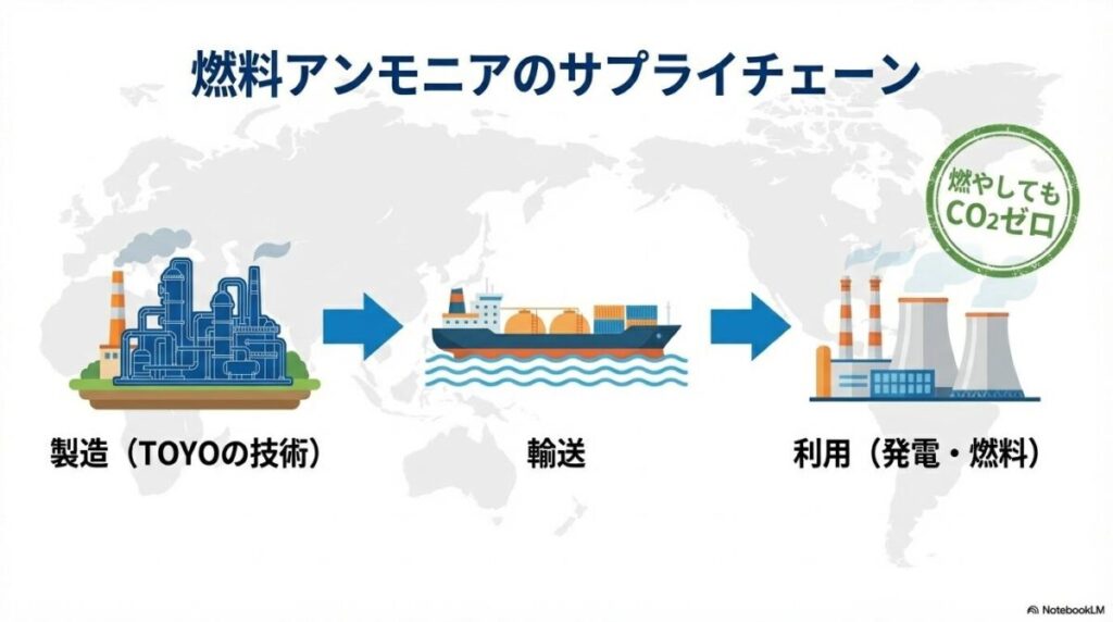 燃料アンモニアのサプライチェーン図解。製造から輸送、日本での発電利用までの流れと、東洋エンジニアリングの技術関与を示した図。