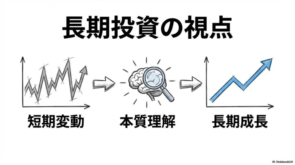 [投資家視点]の図解。短期の変動に惑わされない長期投資の視点を、3ステップ図で表現した画像。